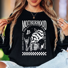 "Motherhood - Some Days I Rock It, Either Way We're Rockin'" | Illustrated Skull Unisex Adult Long Sleeve T-Shirt | Edgy Mom Life