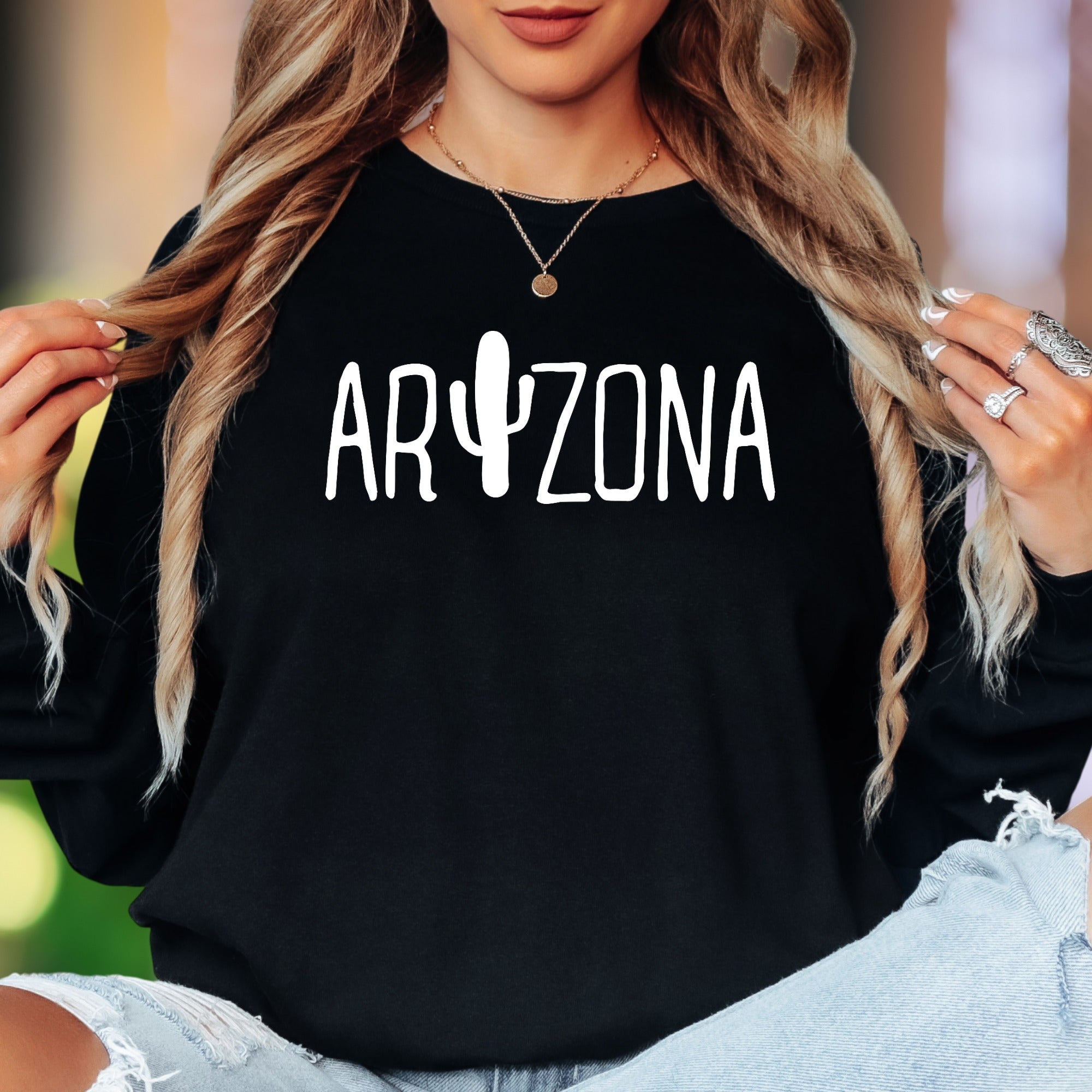 "Arizona" | Cactus Typography Unisex Adult Long Sleeve T-Shirt | Desert Lifestyle Apparel