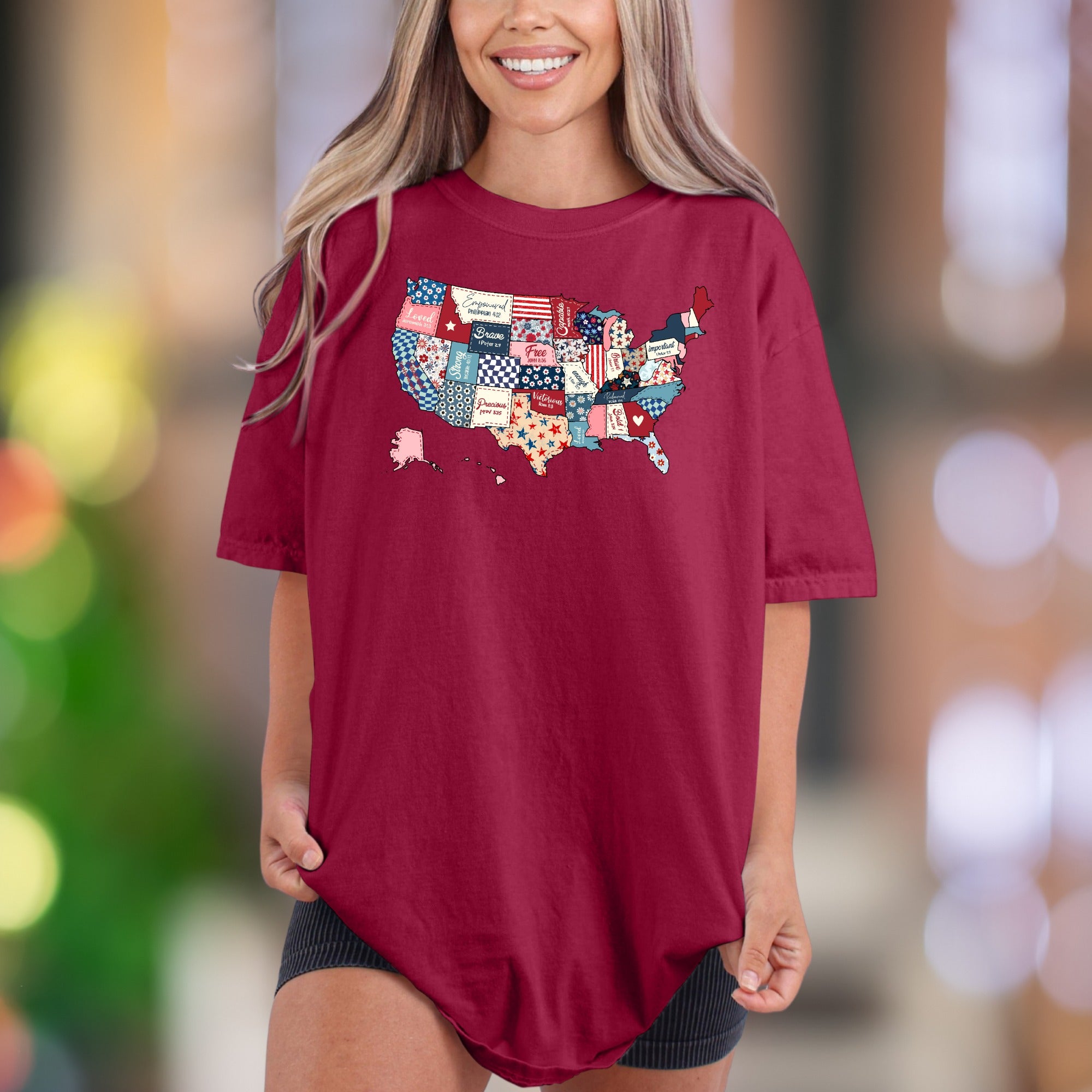 "Loved, Empowered, Brave, Free, Victorious" | Comfort Colors Unisex Adult T-Shirt | Patriotic Quilt Map Style