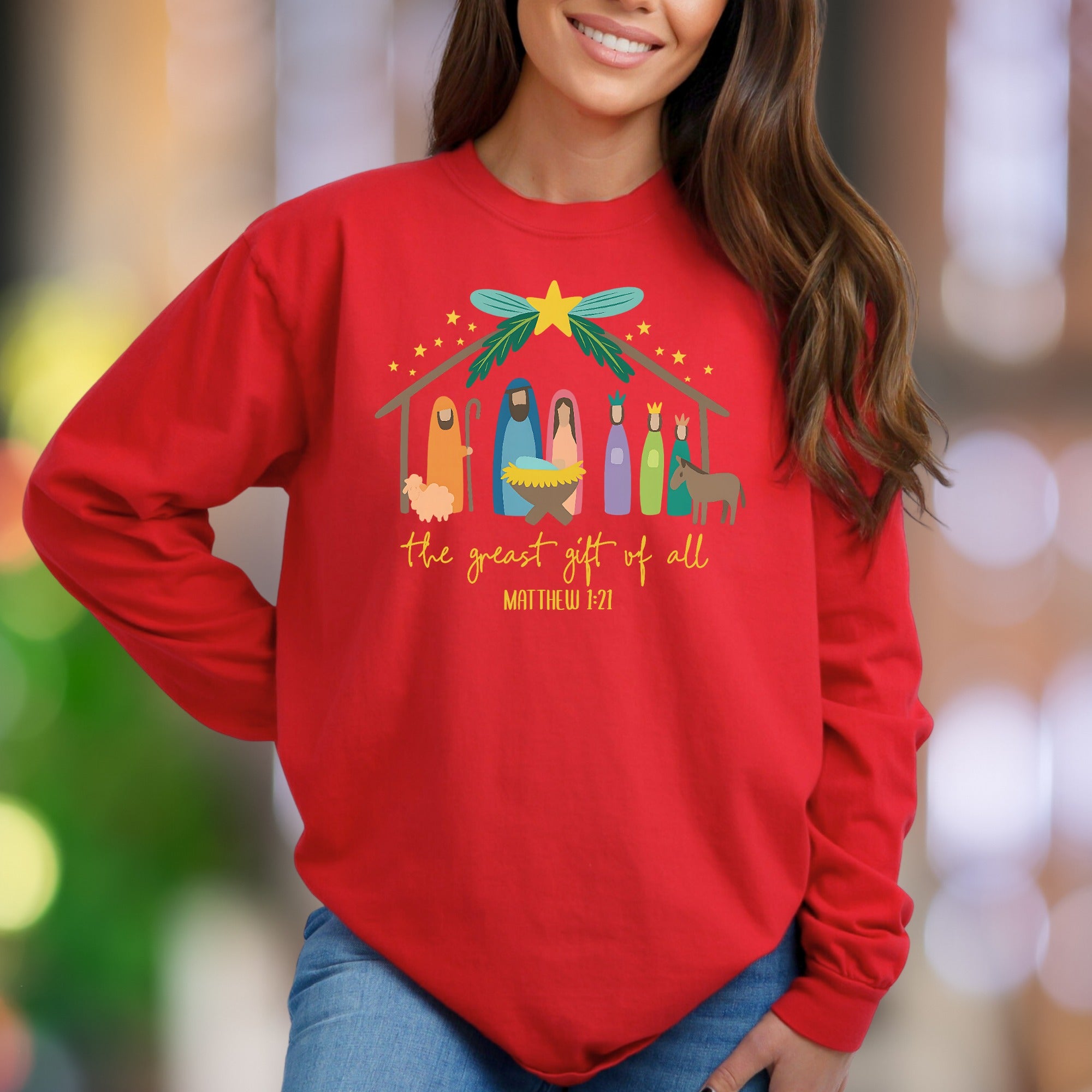 "the greast gift of all MATTHEW 1:21" | Nativity Scene Unisex Adult Sweatshirt | Festive Lifestyle
