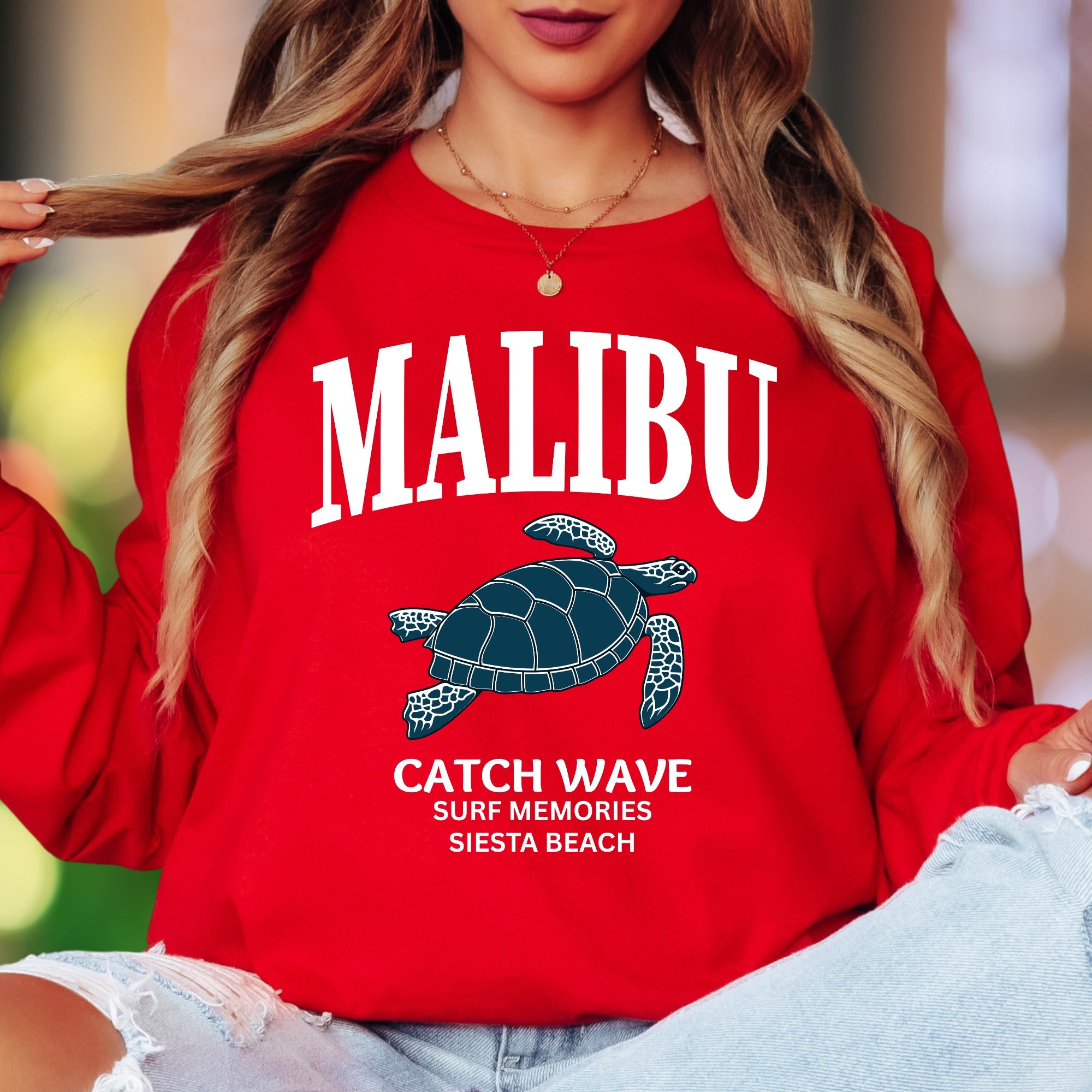 "MALIBU Catch Wave Surf Memories Siesta Beach" | Coastal Retro Unisex Adult Long Sleeve T-Shirt | Beach Lifestyle