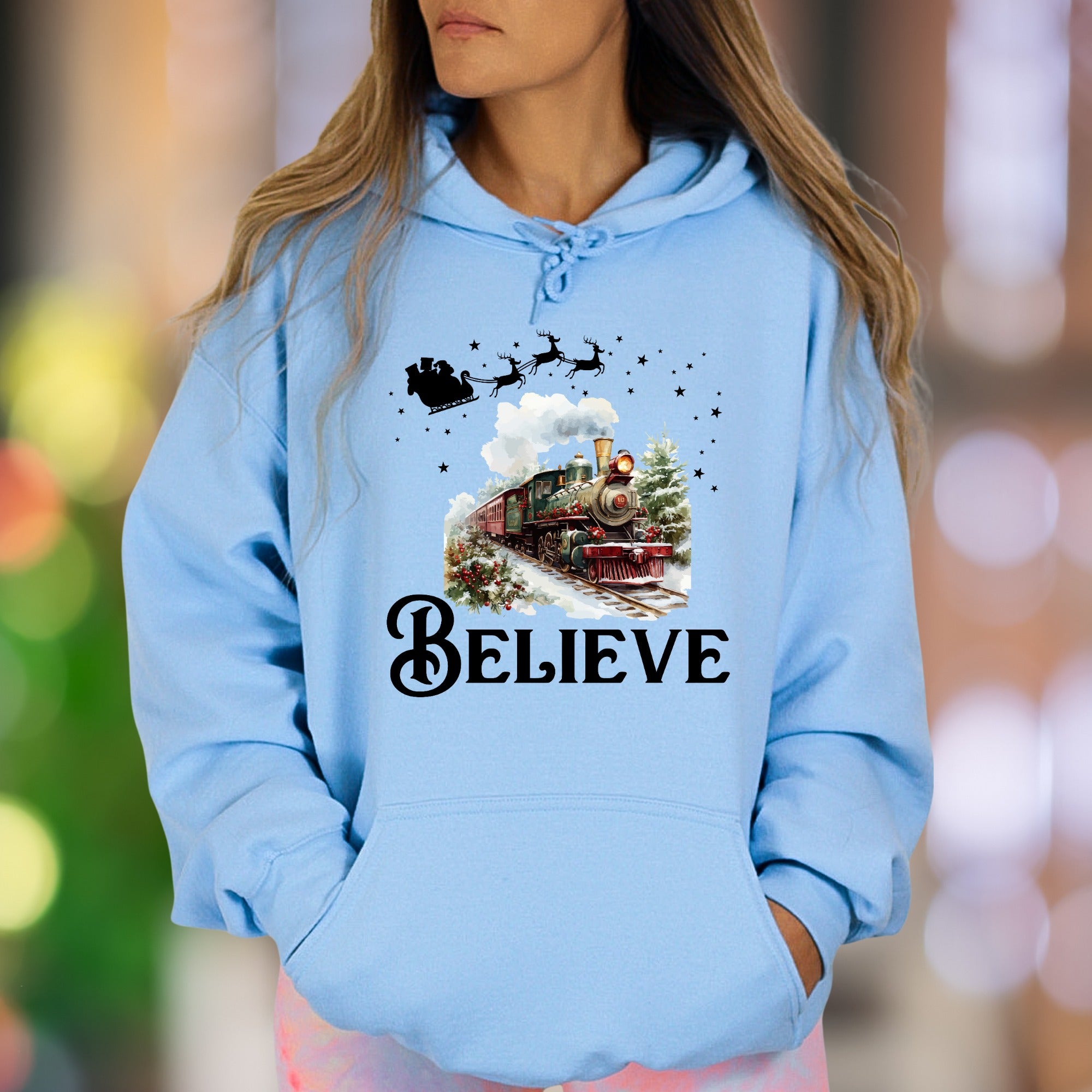 "BELIEVE" | Festive Winter Train Unisex Adult Hoodie | Holiday Magic Lifestyle