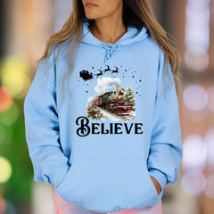 "BELIEVE" | Festive Winter Train Unisex Adult Hoodie | Holiday Magic Lifestyle