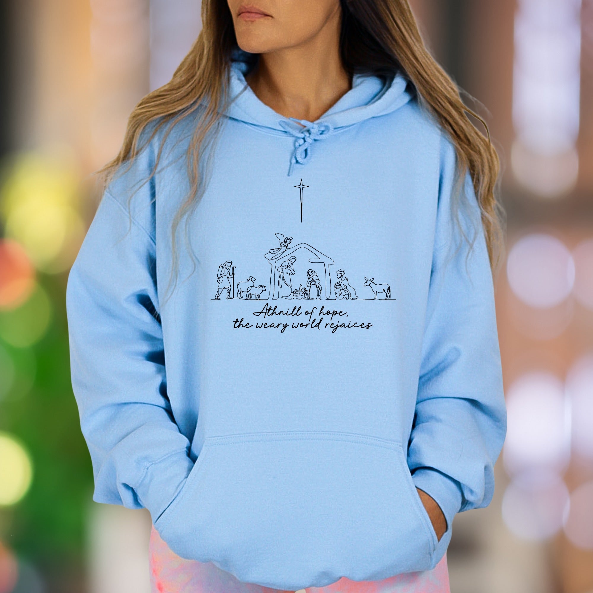 "A thrill of hope, the weary world rejoices" | Minimal Nativity Unisex Adult Hoodie | Inspiring Christian Apparel