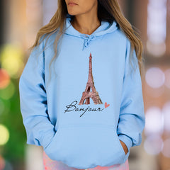 "Bonjour Eiffel Tower" | Parisian Sketch Unisex Adult Hoodie | Travel Lifestyle Apparel