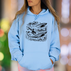 "Ocean Waves & Sharks" | Hand-Drawn Graphic Unisex Adult Hoodie | Nature Outdoor Lifestyle