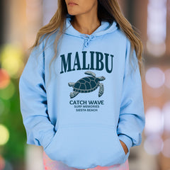 "MALIBU Catch Wave Surf Memories" | Retro Beach Unisex Adult Hoodie | Coastal Lifestyle