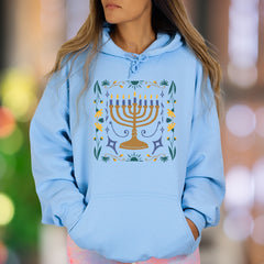 "Hanukkah Floral Menorah" | Folk Art Graphic Unisex Adult Hoodie | Festive Lifestyle