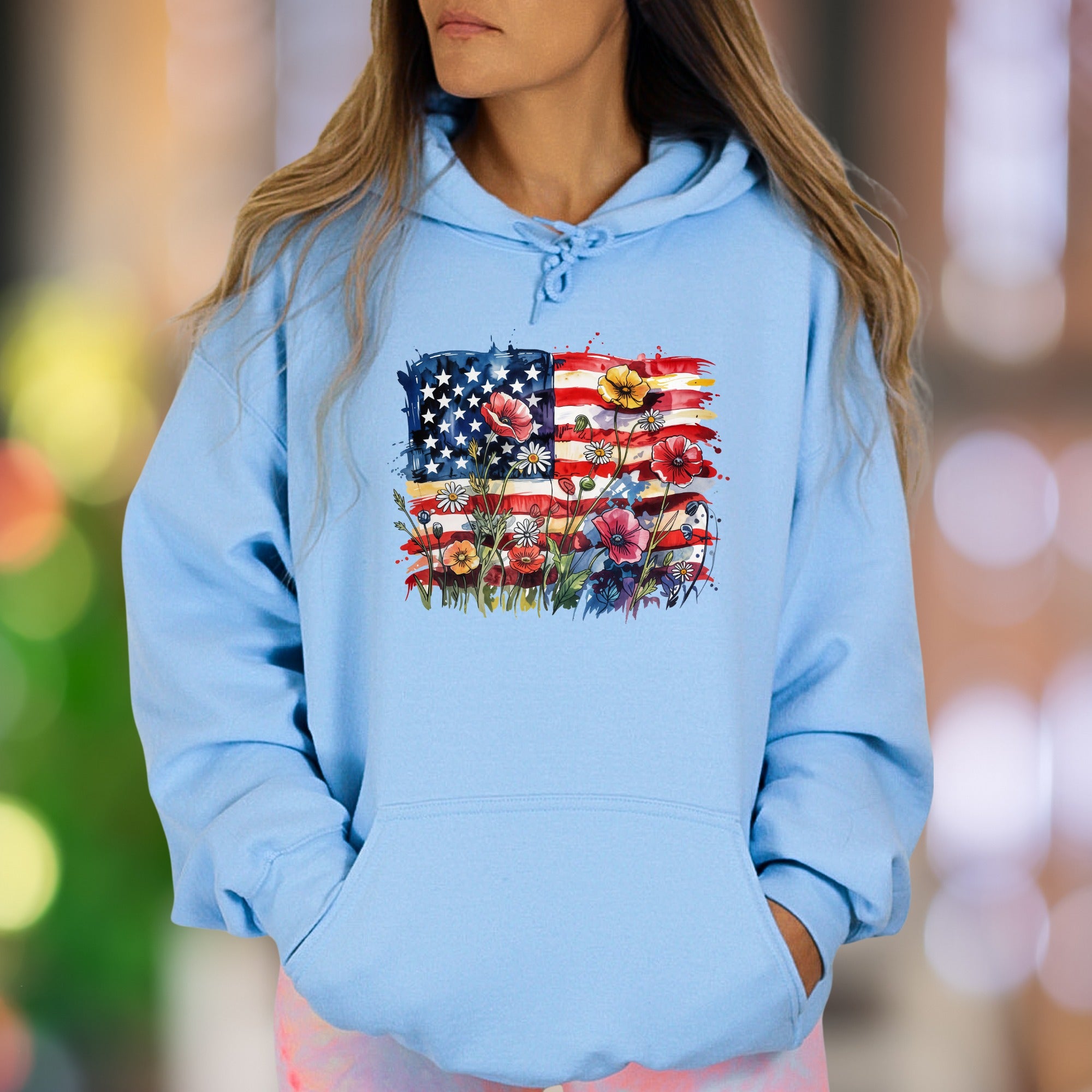 "Bloom With Patriotism" | Rustic Floral Flag Unisex Adult Hoodie | Nature-Inspired Lifestyle