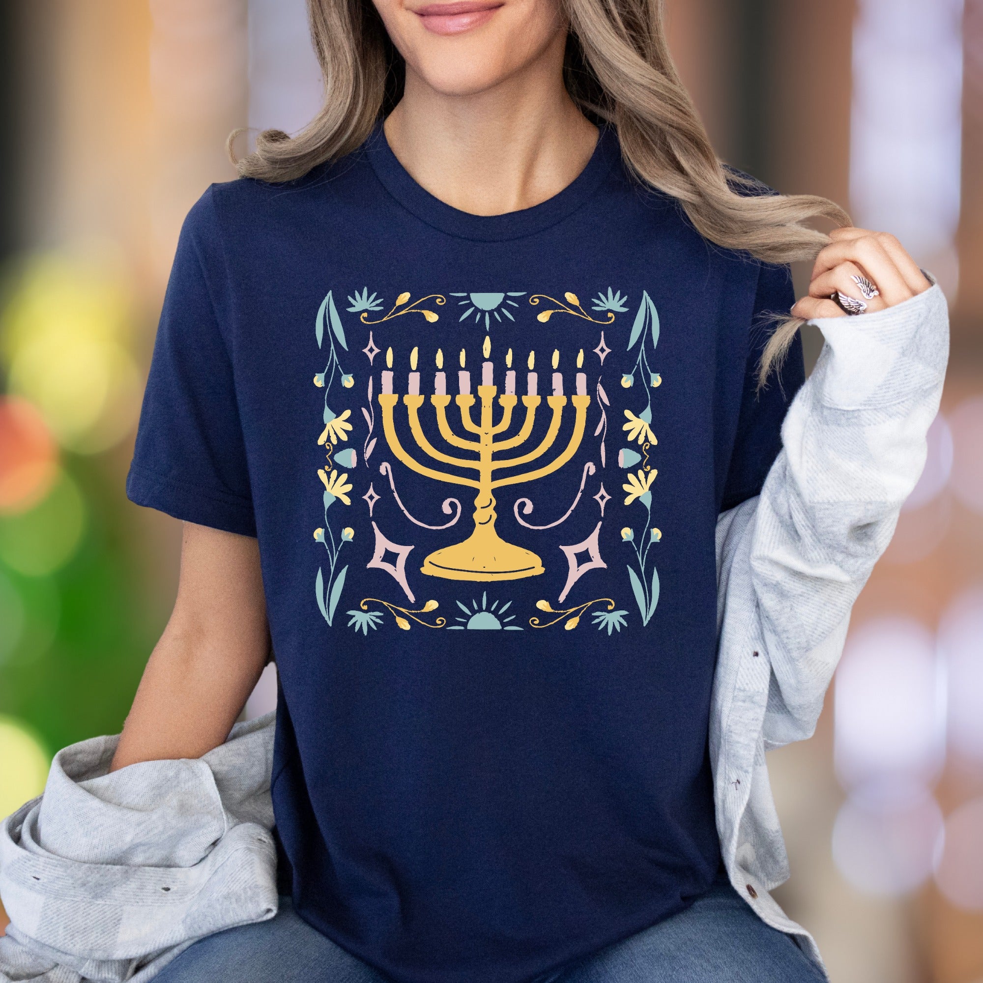 "Menorah & Floral" | Folk Art Unisex Adult T-Shirt | Festive Lifestyle