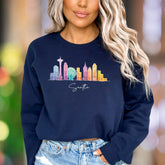 "Seattle" | Watercolor Skyline Unisex Adult Sweatshirt | City Travel Apparel