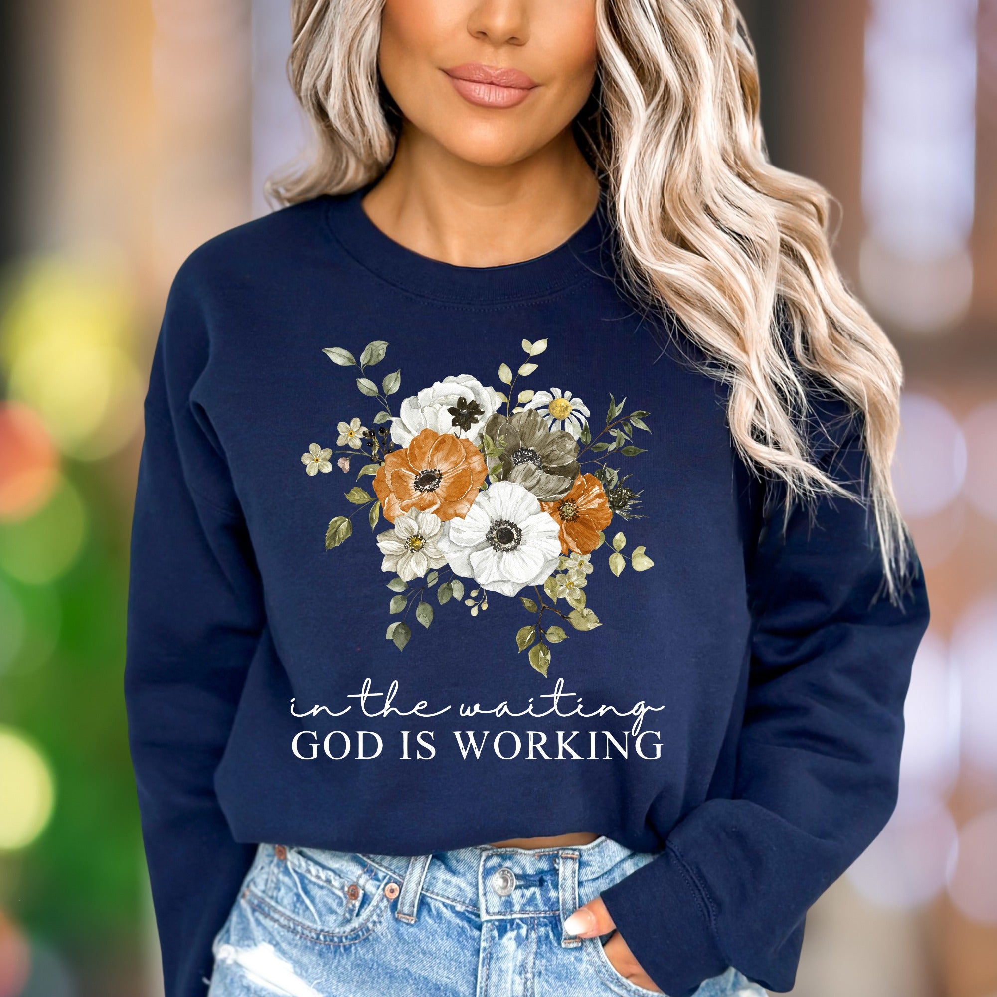 "In The Waiting God Is Working" | Floral Typography Unisex Adult Sweatshirt | Inspirational Lifestyle