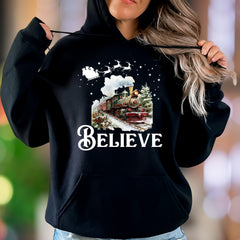 "BELIEVE" | Festive Winter Train Unisex Adult Hoodie | Holiday Magic Lifestyle