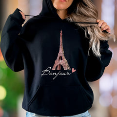 "Bonjour Eiffel Tower" | Parisian Sketch Unisex Adult Hoodie | Travel Lifestyle Apparel