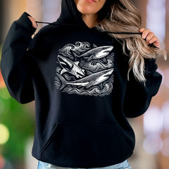 "Ocean Waves & Sharks" | Hand-Drawn Graphic Unisex Adult Hoodie | Nature Outdoor Lifestyle