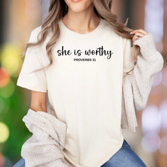 "She Is Worthy: Proverbs 31" | Script Typography Unisex Adult T-Shirt | Empowering Lifestyle