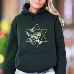 Star of David & Menorah Symbol | Evergreen Graphic Unisex Adult Hoodie | Spiritual Lifestyle