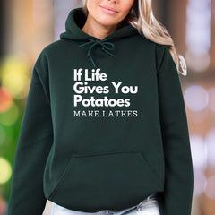 "If Life Gives You Potatoes Make Latkes" | Funny Typography Unisex Adult Hoodie | Humorous Lifestyle