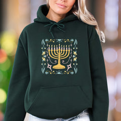 "Hanukkah Floral Menorah" | Folk Art Graphic Unisex Adult Hoodie | Festive Lifestyle