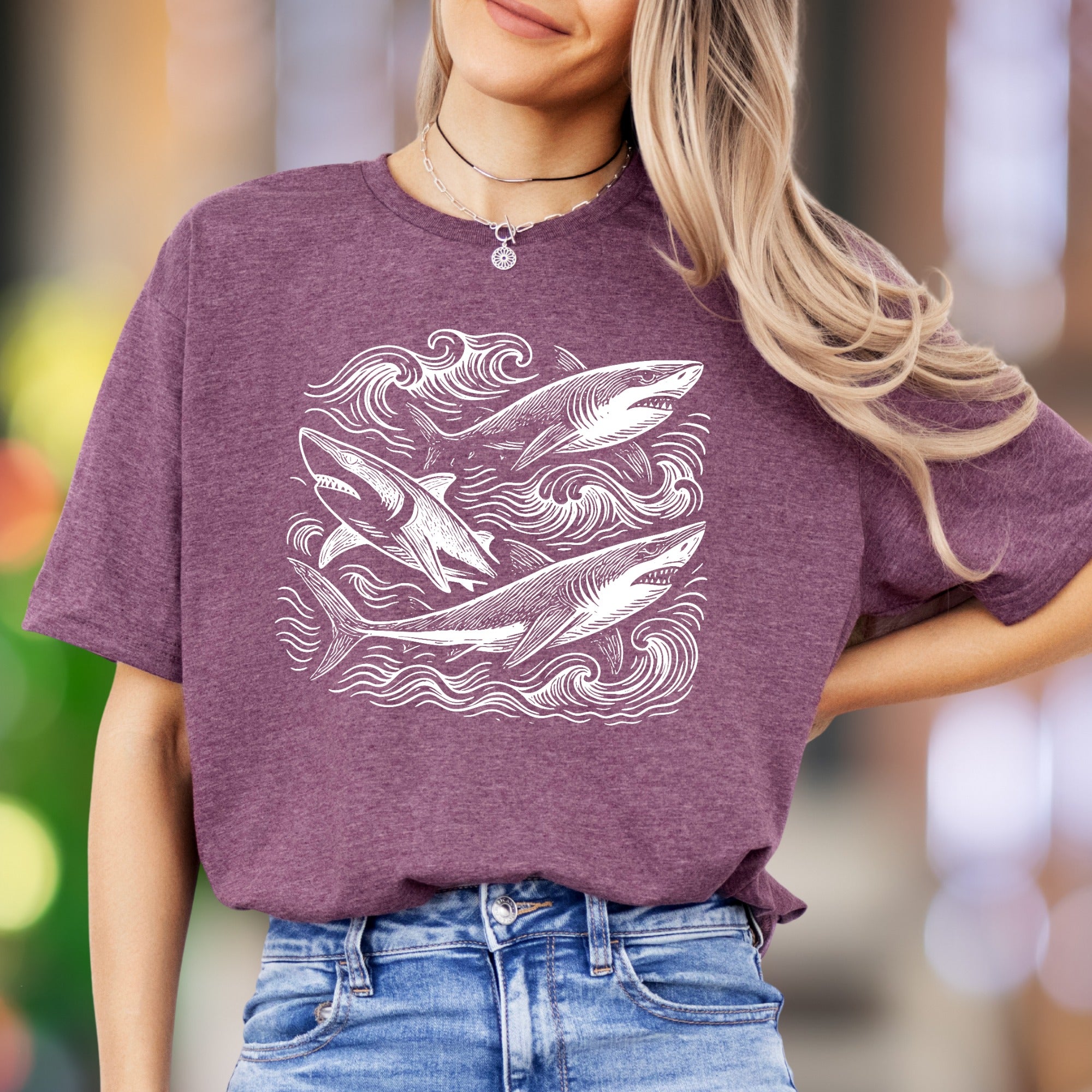 "Sharks with Waves" | Vintage Ocean Graphic Unisex Adult T-Shirt | Marine Lifestyle