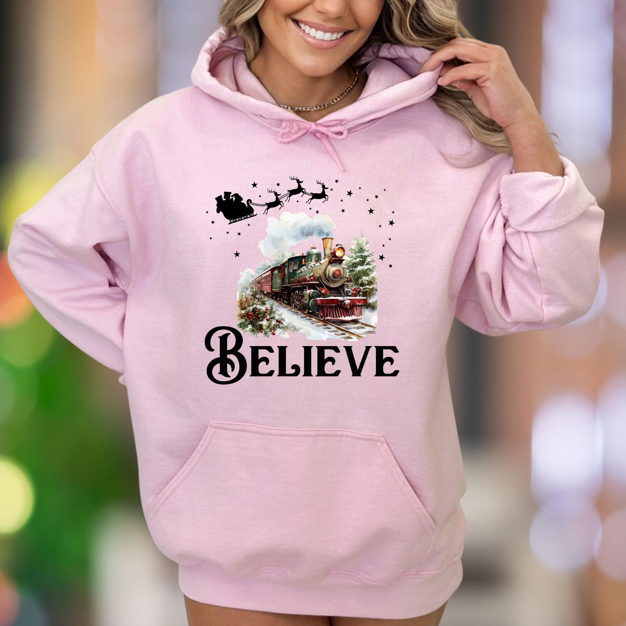 "BELIEVE" | Festive Winter Train Unisex Adult Hoodie | Holiday Magic Lifestyle