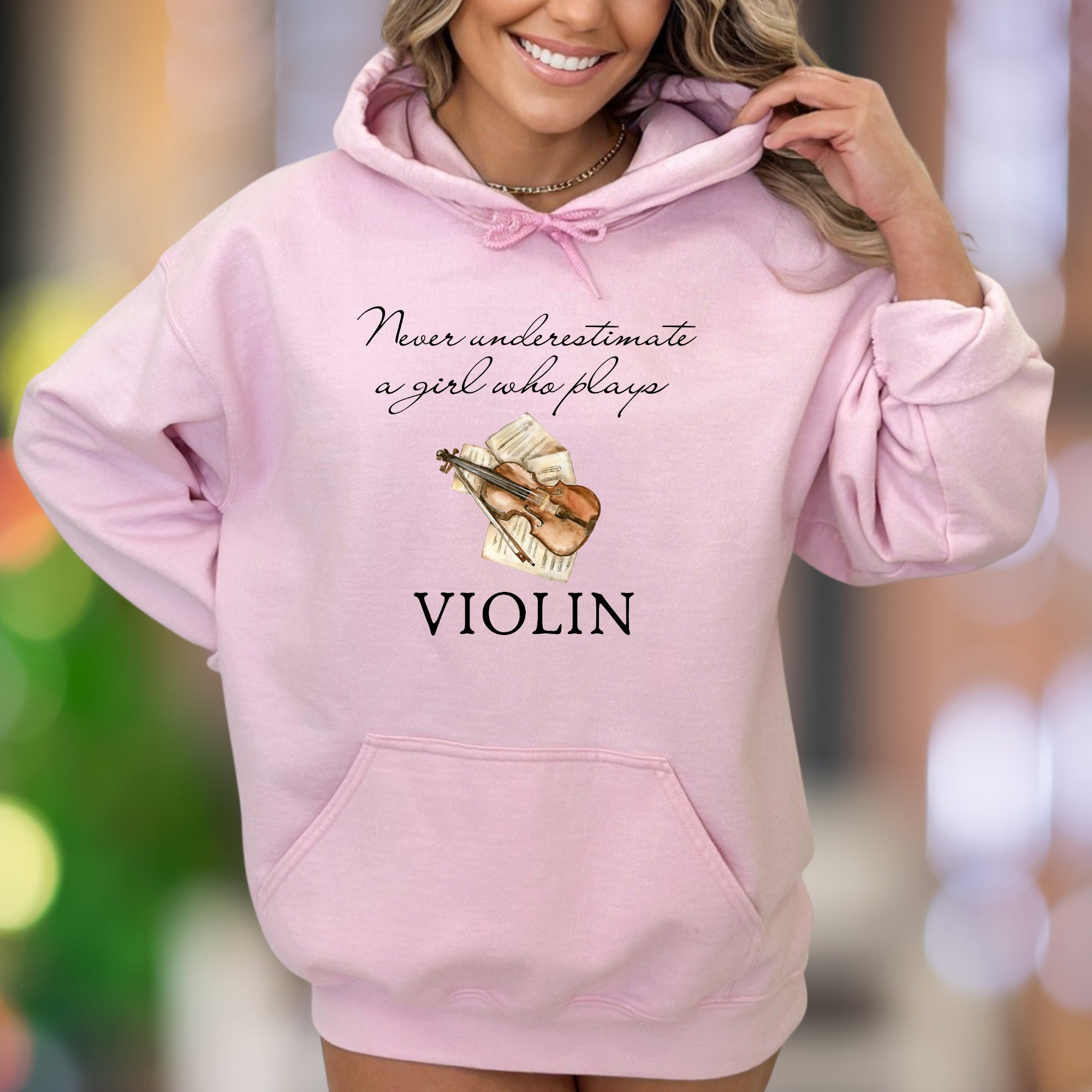 "Never underestimate a girl who plays VIOLIN" | Motivational Typography Unisex Adult Hoodie | Musician Lifestyle