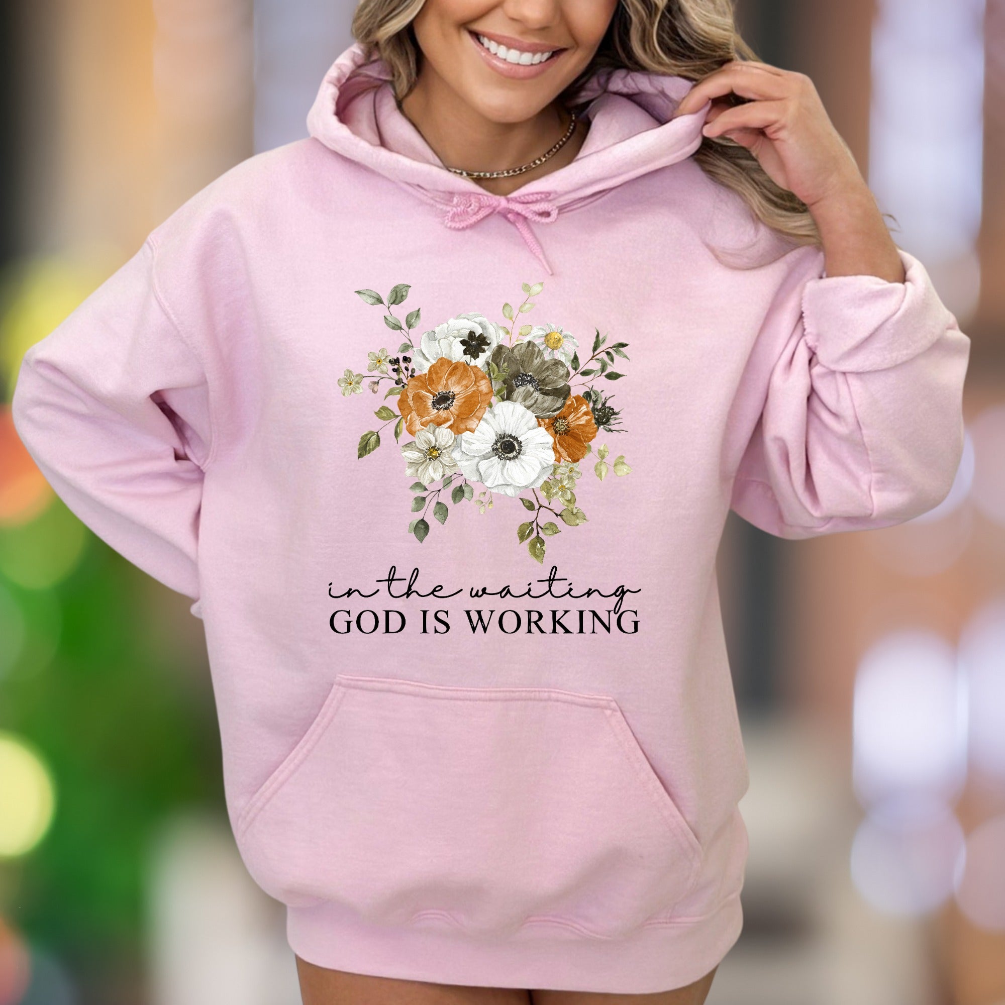 "In The Waiting God Is Working" | Floral Graphic Unisex Adult Hoodie | Motivational Lifestyle