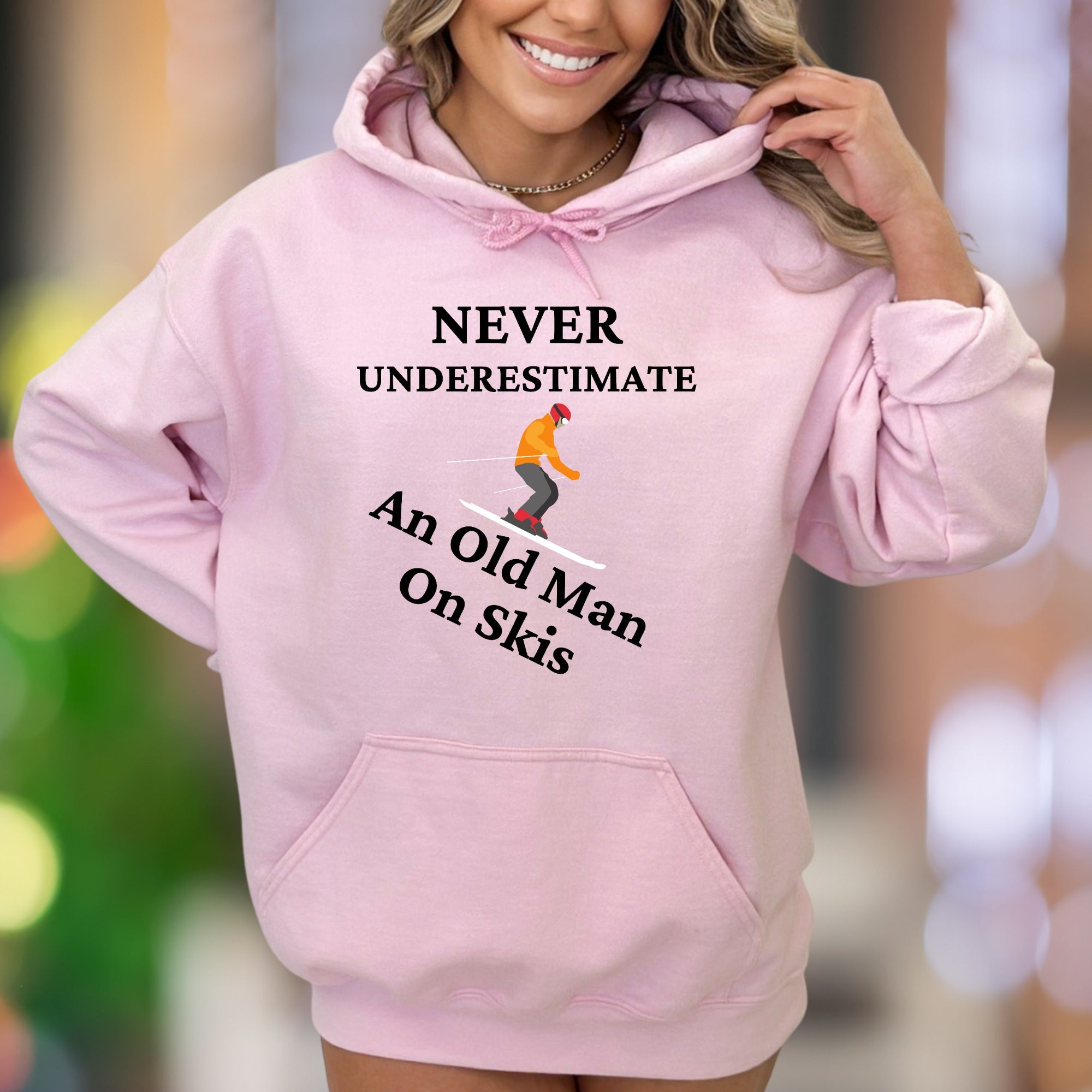 "Never Underestimate An Old Man On Skis" | Funny Graphic Unisex Adult Hoodie | Skiing Lifestyle