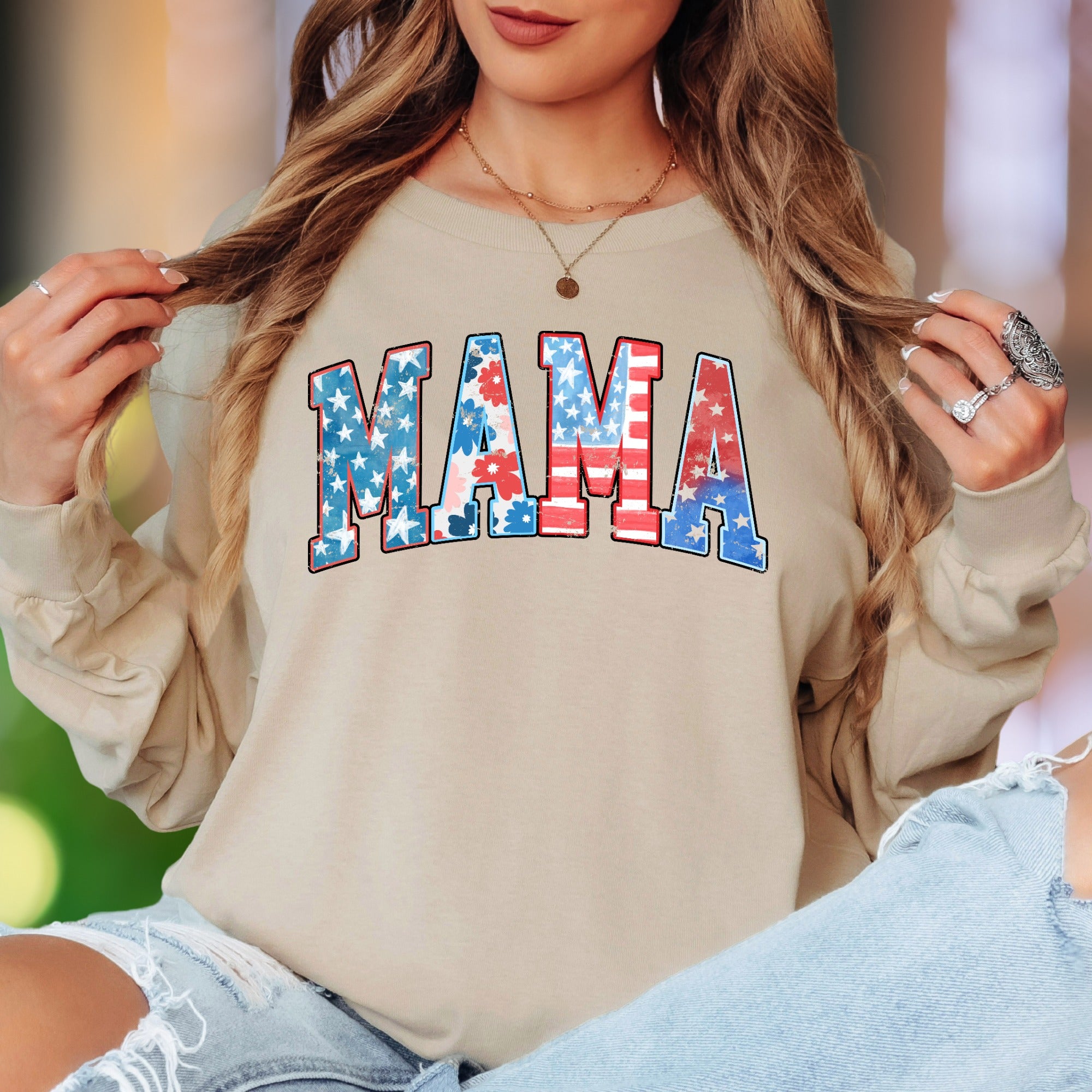 "MAMA" | Distressed Grunge Patriotic Unisex Adult Long Sleeve T-Shirt | Motherhood Lifestyle