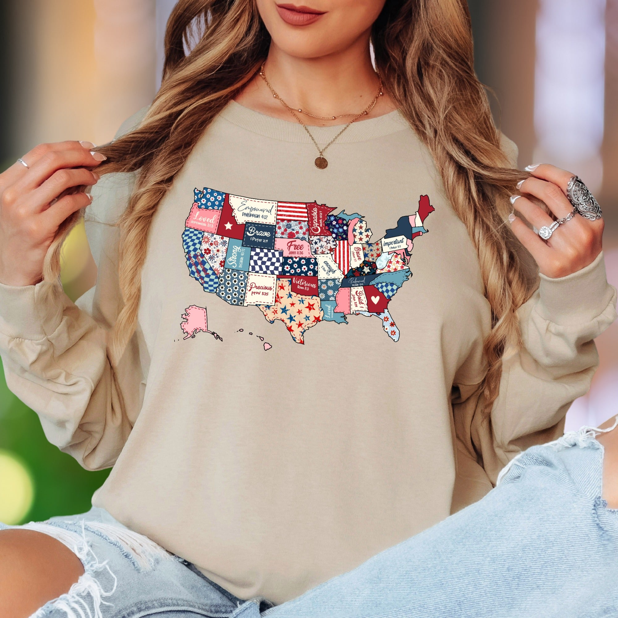 “Empowered Capable Brave Free Loved Strong Precious Victorious Redeemed Important Bold” | Vintage Patchwork Unisex Adult Long Sleeve T-Shirt | Faith-Inspired Lifestyle