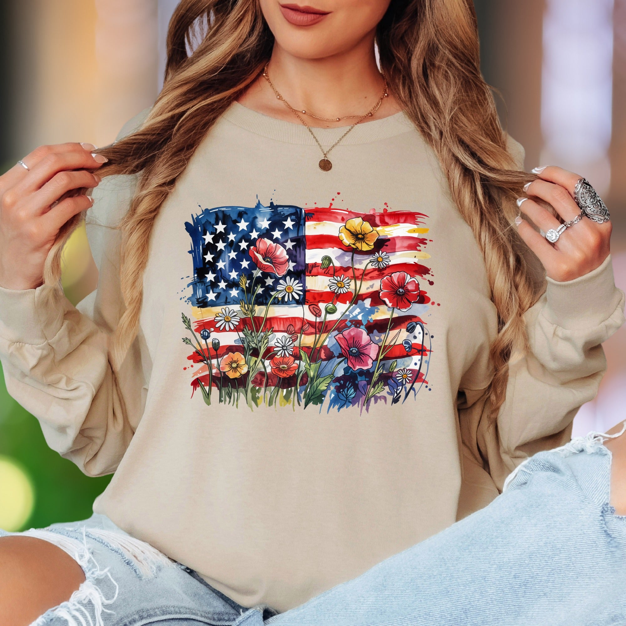 "Abstract Floral Flag" | Watercolor Nature Unisex Adult Long Sleeve T-Shirt | Patriotic Lifestyle