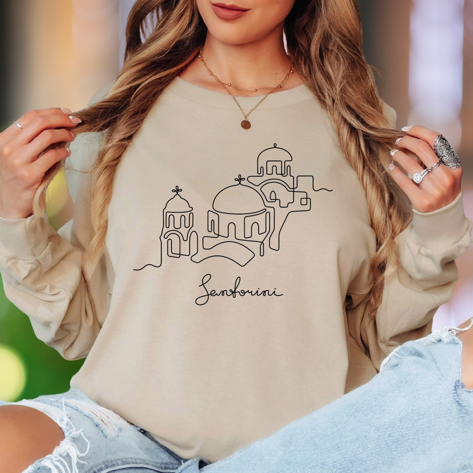 "Santorini" | Minimal Line Art Unisex Adult Long Sleeve T-Shirt | Travel & Lifestyle
