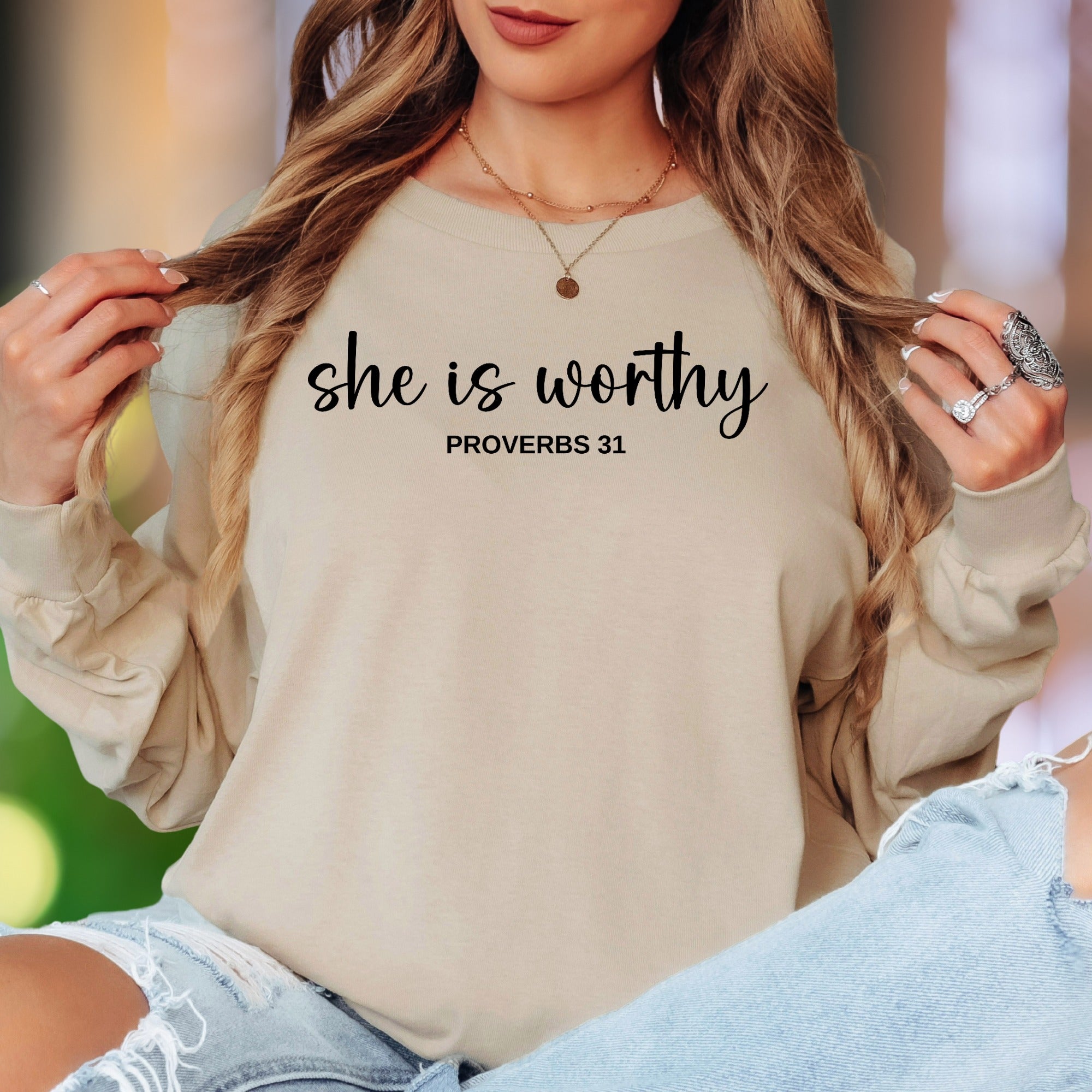 "she is worthy PROVERBS 31" | Script Typography Unisex Adult Long Sleeve T-Shirt | Empowering Lifestyle