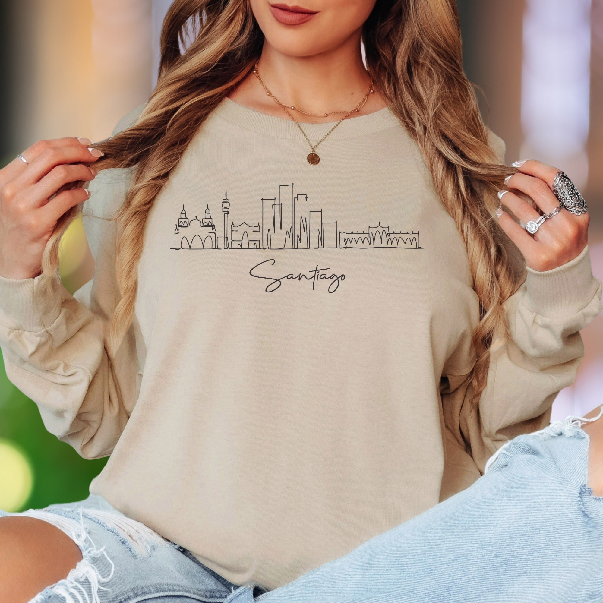 "Santiago Skyline" | Minimal Line Art Unisex Adult Long Sleeve T-Shirt | Travel & City Lover