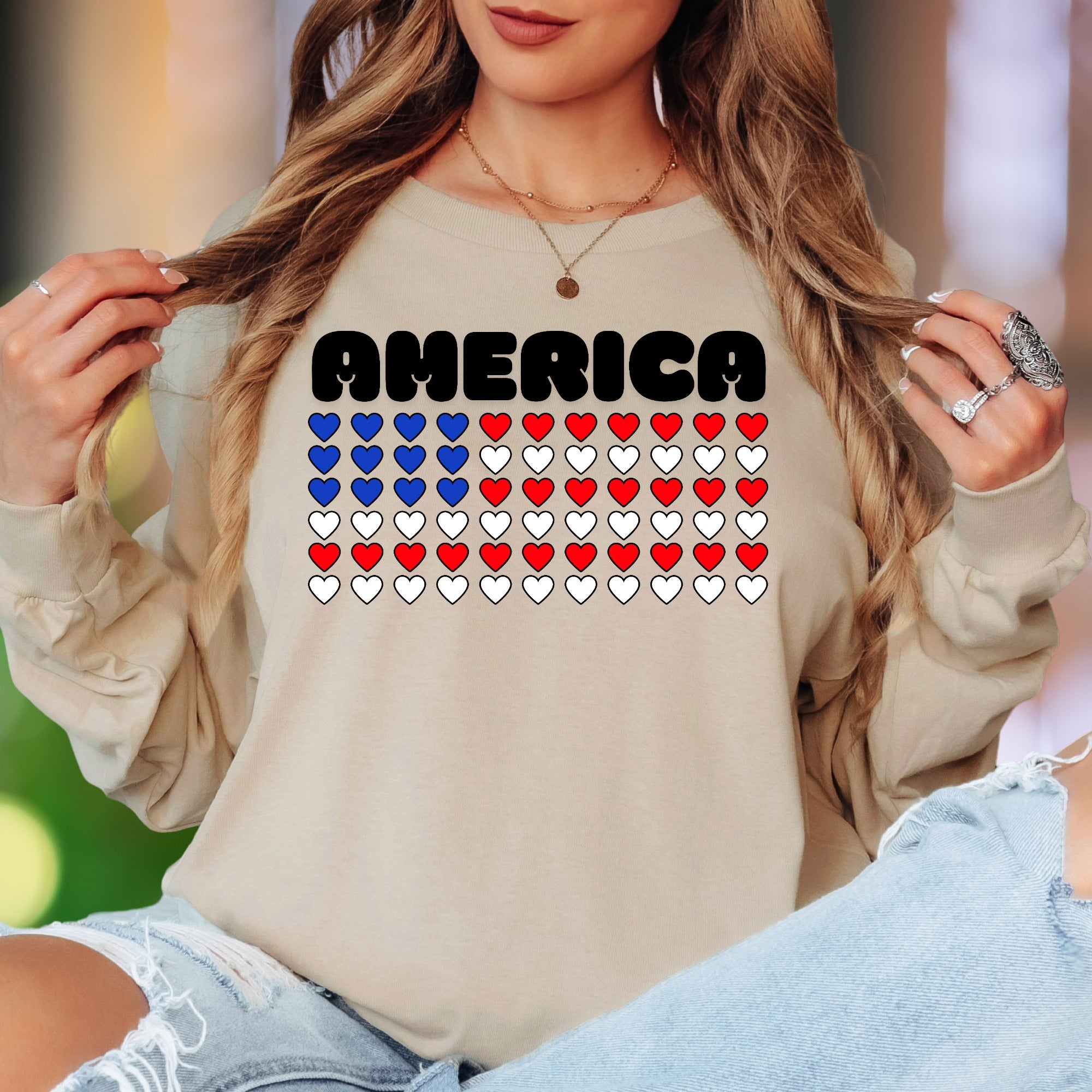 "AMERICA" | Patriotic Heart Grid Unisex Adult Long Sleeve T-Shirt | Heritage Pride