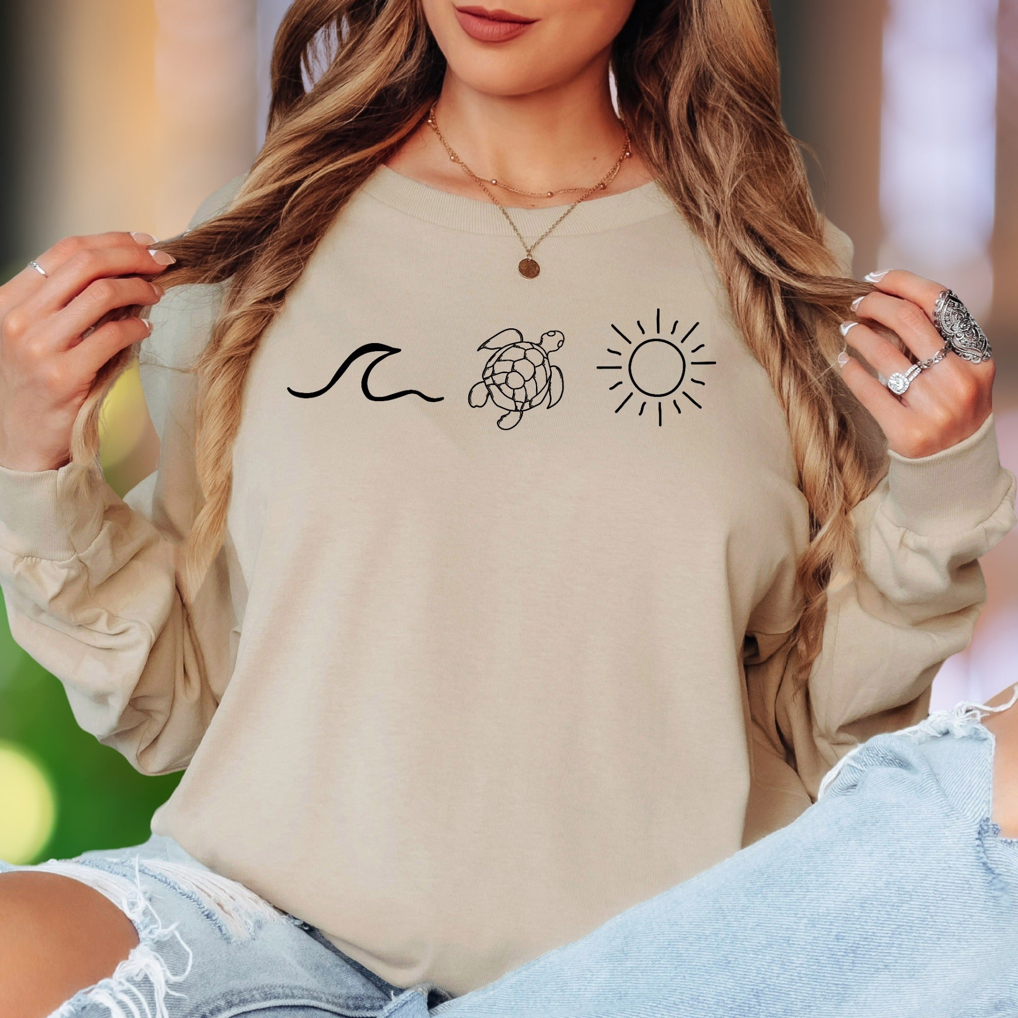 "Wave Turtle Sun" | Minimal Nature Unisex Adult Long Sleeve T-Shirt | Ocean Lifestyle
