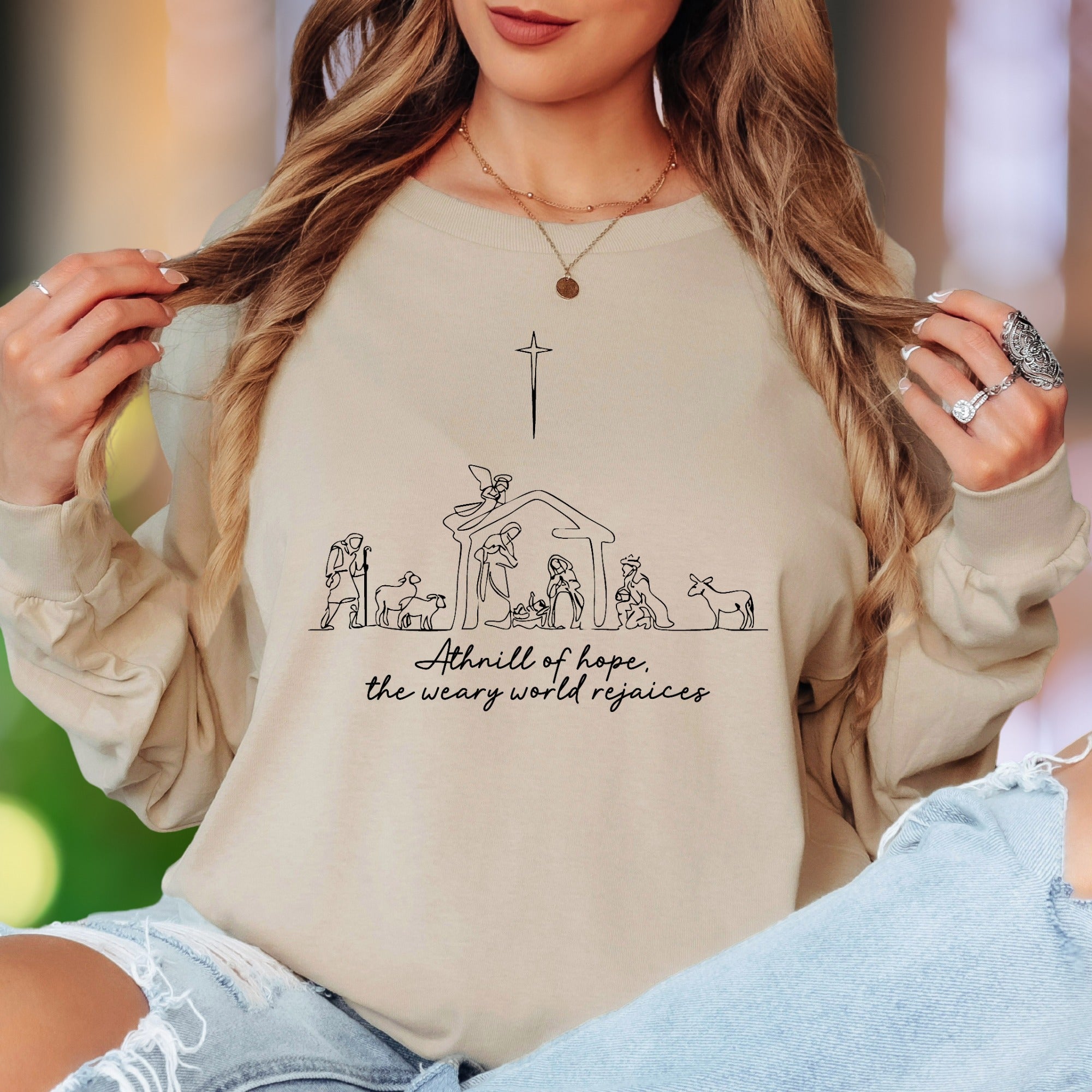 "A thrill of hope, the weary world rejoices" | Minimalist Nativity Unisex Adult Long Sleeve T-Shirt | Festive Lifestyle