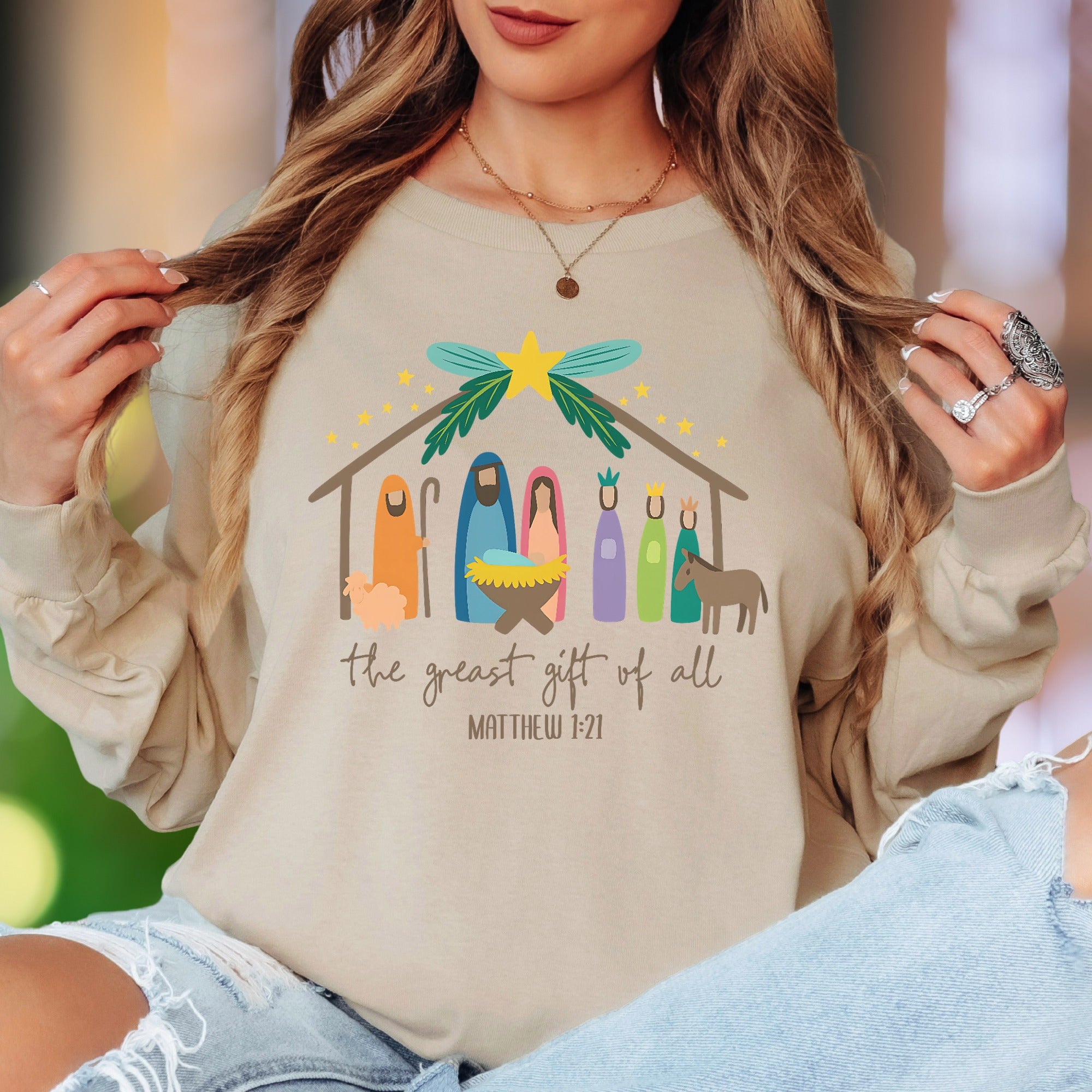 "The Greatest Gift Of All Matthew 1:21" | Nativity Scene Unisex Adult Long Sleeve T-Shirt | Festive Lifestyle