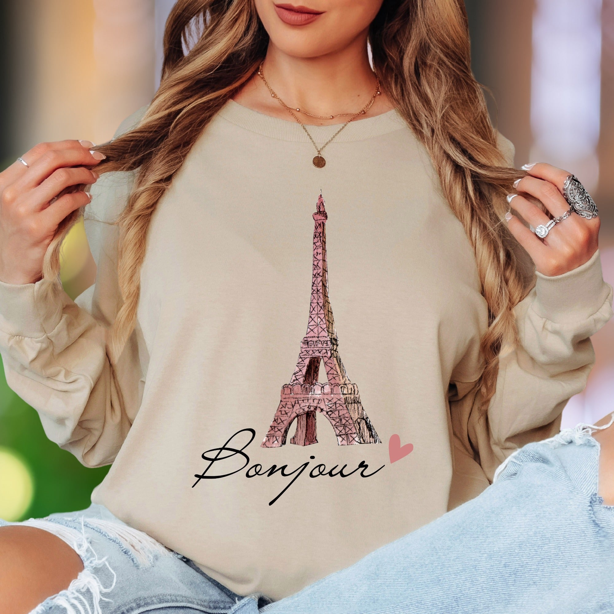 "Bonjour Eiffel Tower" | Parisian Sketch Unisex Adult Long Sleeve T-Shirt | Romantic Travel Lifestyle