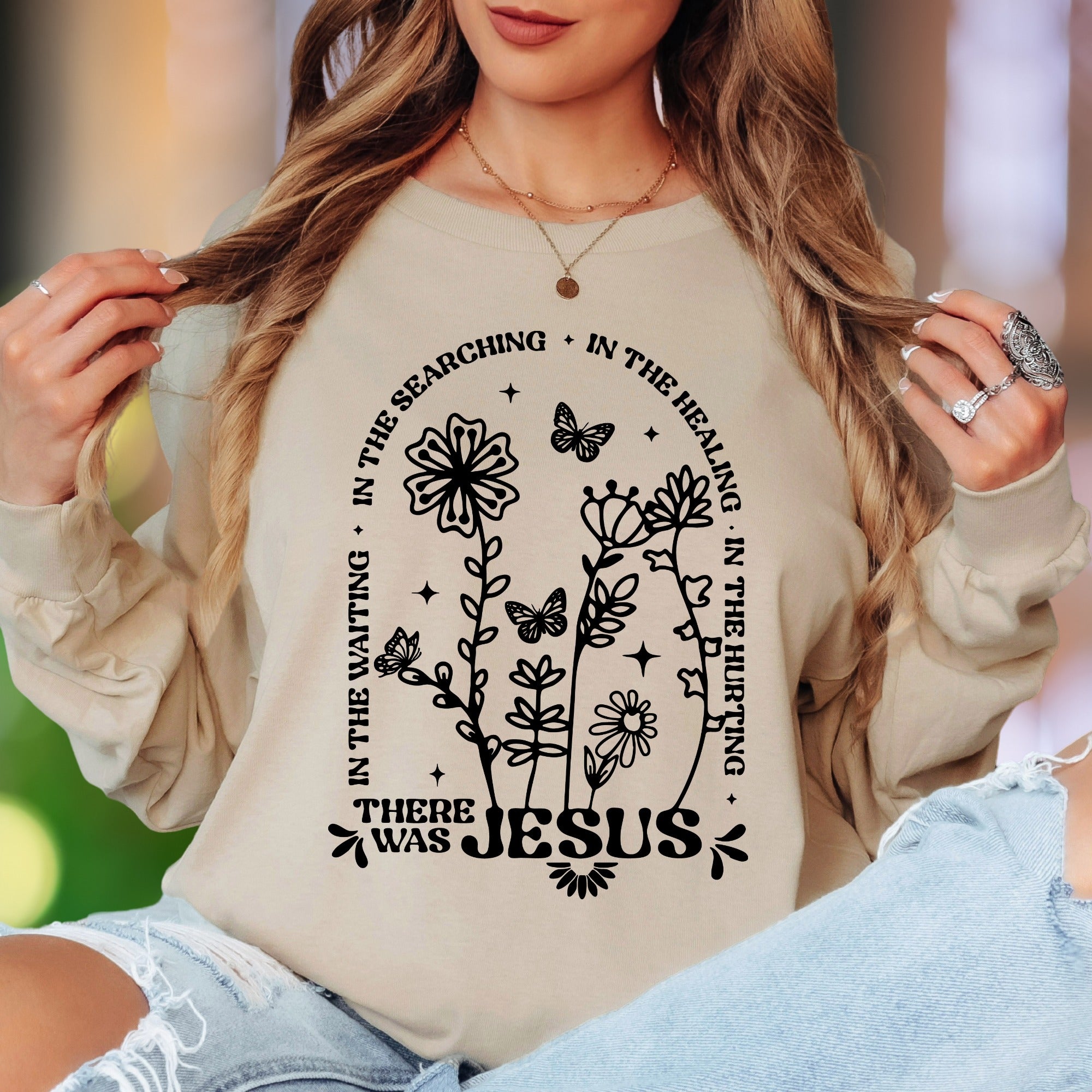 "There Was Jesus" | Floral Typography Unisex Adult Long Sleeve T-Shirt | Faith-Inspired Lifestyle
