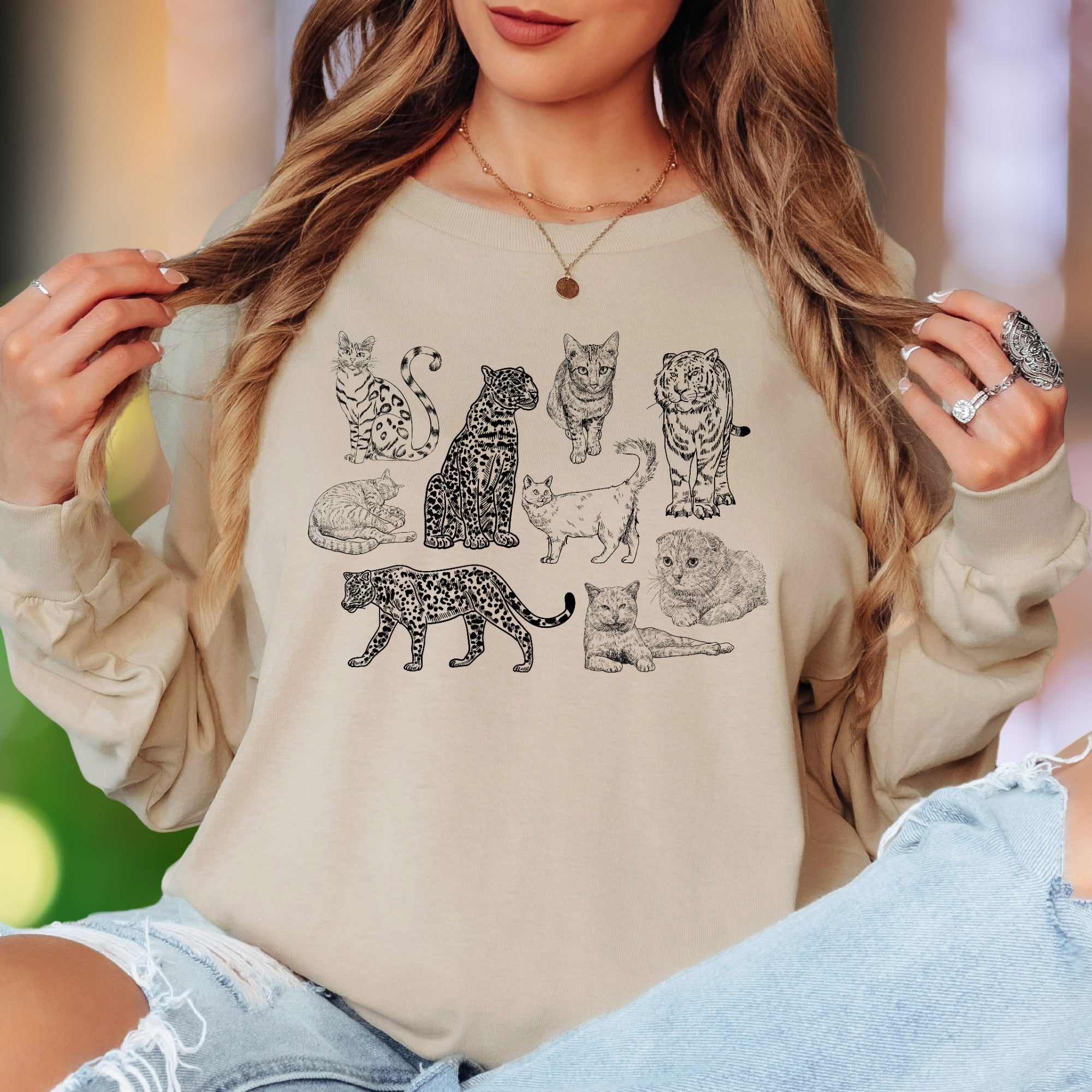 "Feline Friends" | Vintage Cat Illustration Unisex Adult Long Sleeve T-Shirt | Animal Lover Apparel