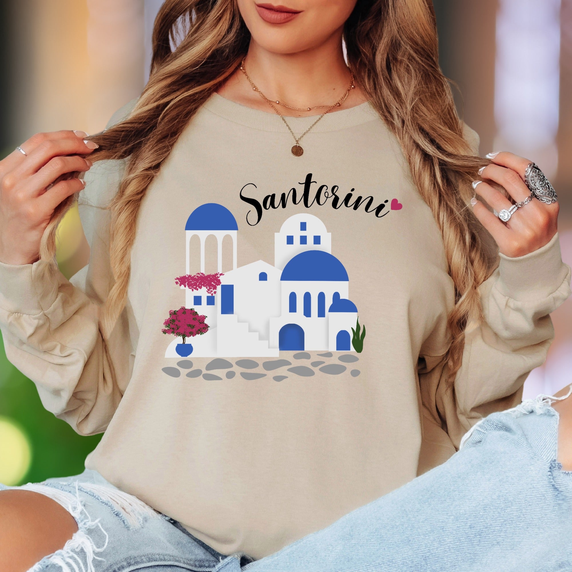 "Santorini" | Minimal Travel Unisex Adult Long Sleeve T-Shirt | Vacation & Wanderlust