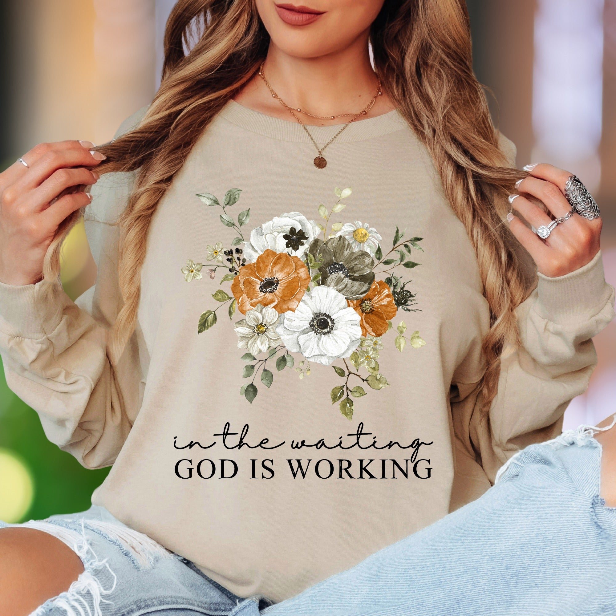 "In The Waiting, God Is Working" | Floral Typography Unisex Adult Long Sleeve T-Shirt | Inspirational Faithwear