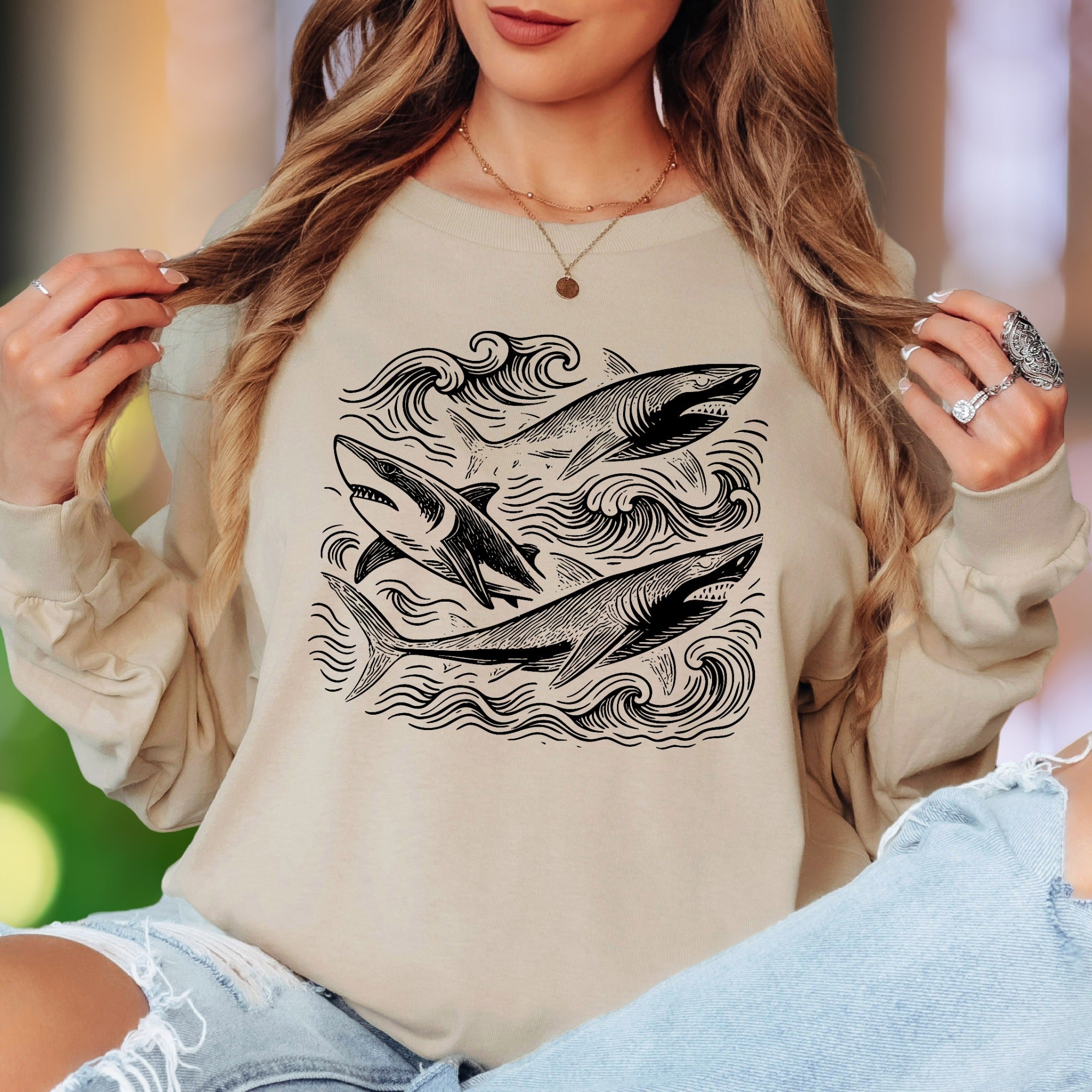Oceanic Shark Design | Nature Art Unisex Adult Long Sleeve T-Shirt | Marine Lifestyle