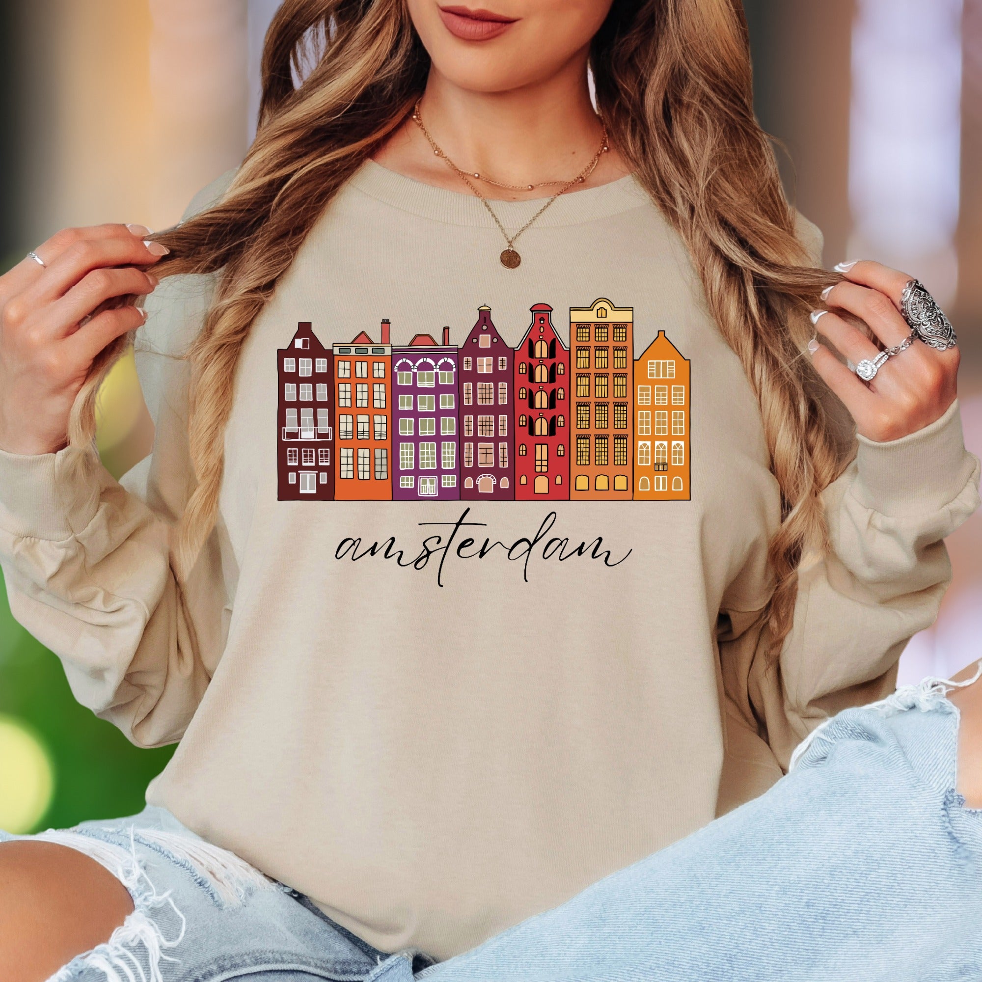 "amsterdam" | Cityscape Retro Unisex Adult Long Sleeve T-Shirt | Travel & Culture Lifestyle
