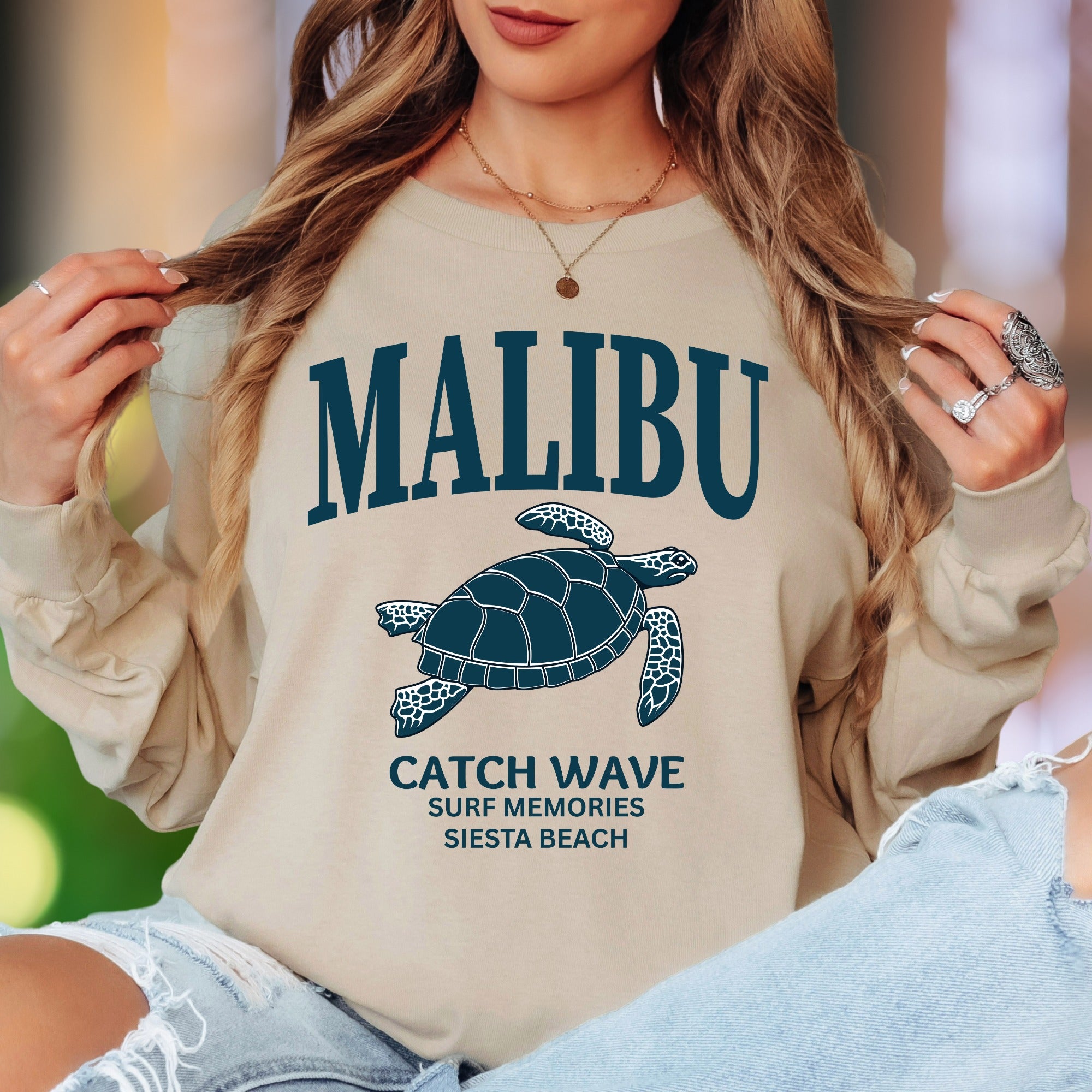 "MALIBU Catch Wave Surf Memories Siesta Beach" | Coastal Retro Unisex Adult Long Sleeve T-Shirt | Beach Lifestyle