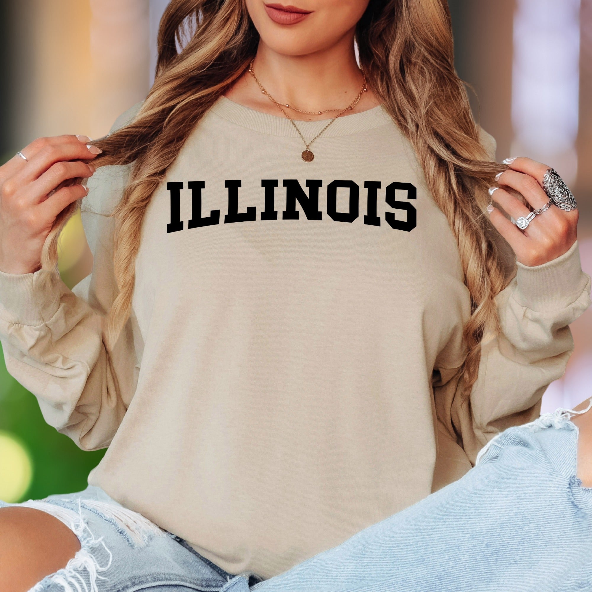 "ILLINOIS" | Collegiate Bold Typography Unisex Adult Long Sleeve T-Shirt | State Pride Lifestyle