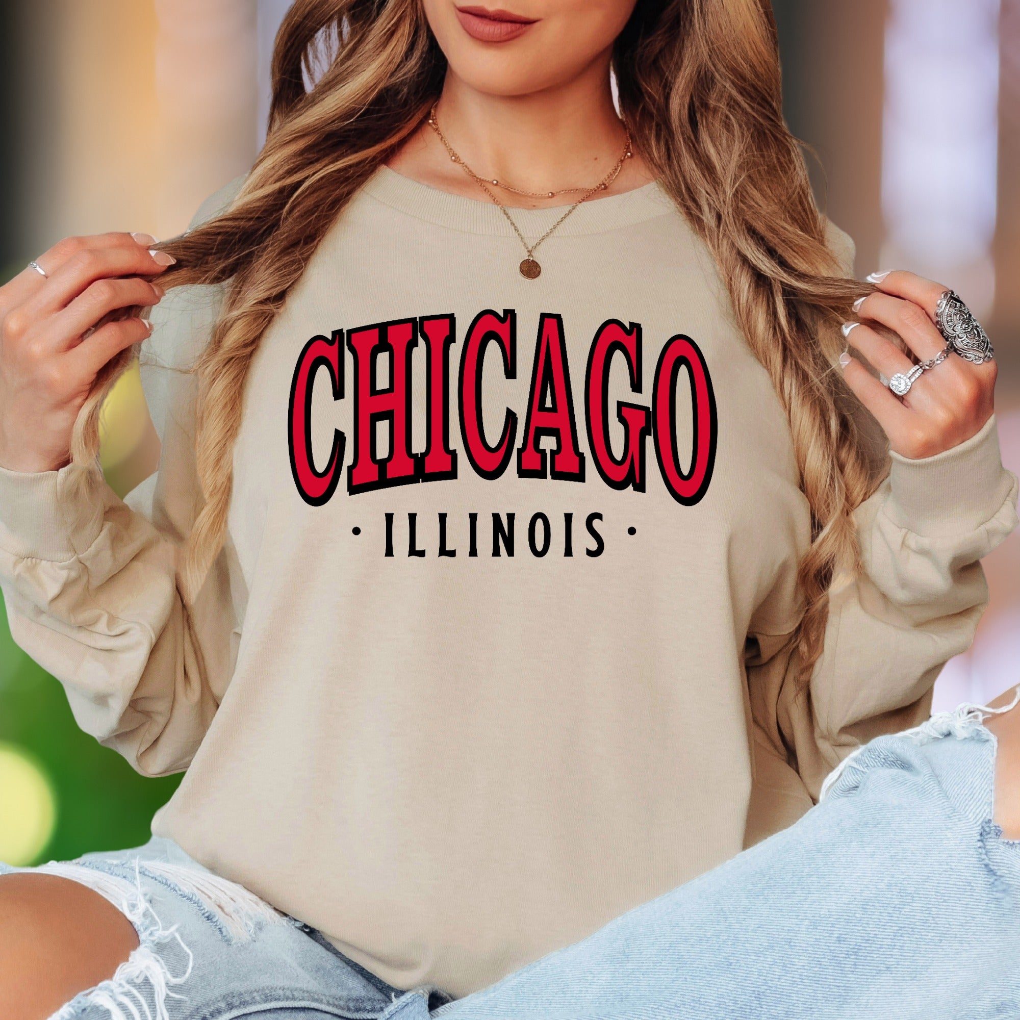 "CHICAGO • ILLINOIS" | Retro Typography Unisex Adult Long Sleeve T-Shirt | City Pride Apparel
