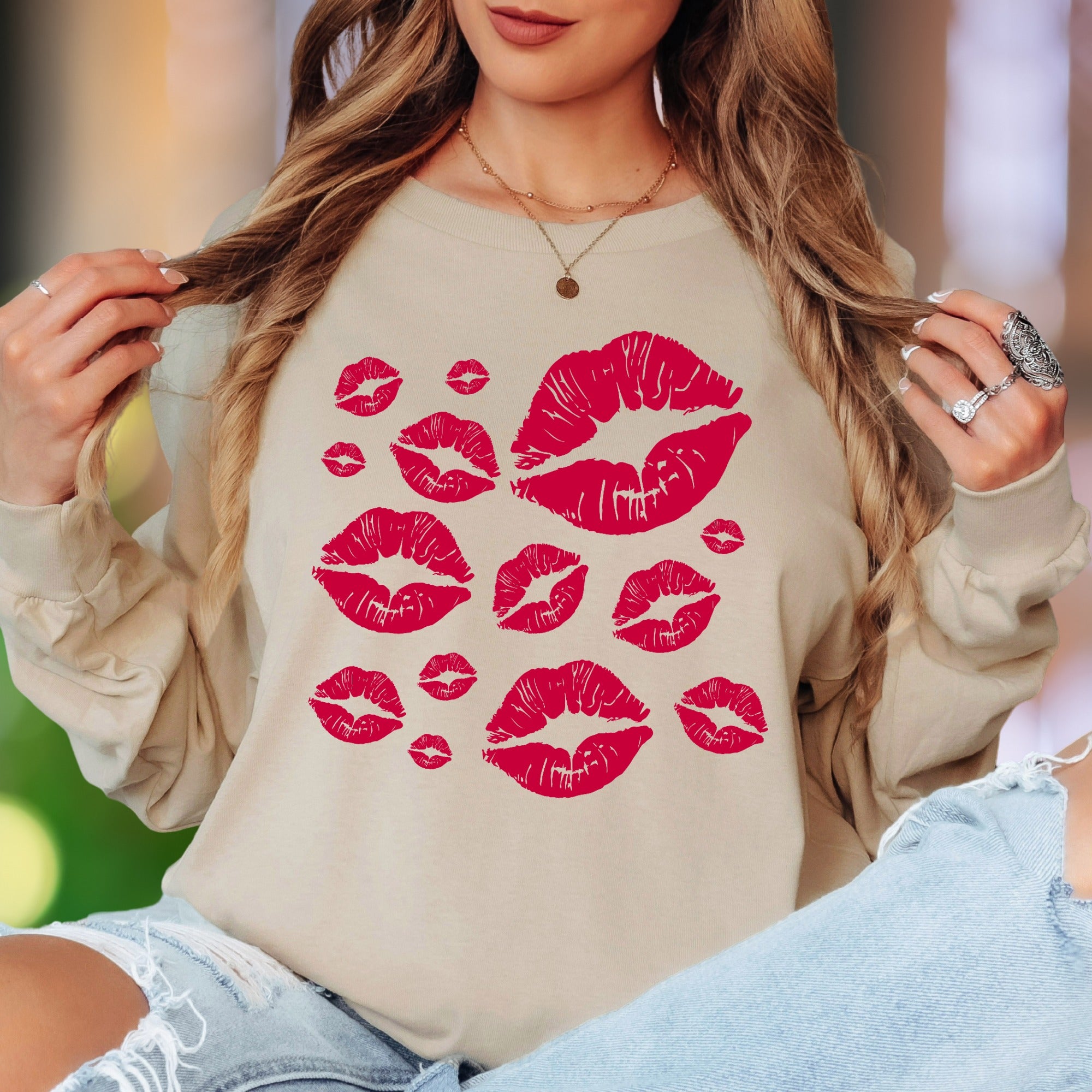 "Pink Kisses" | Playful Pattern Unisex Adult Long Sleeve T-Shirt | Flirty Lifestyle