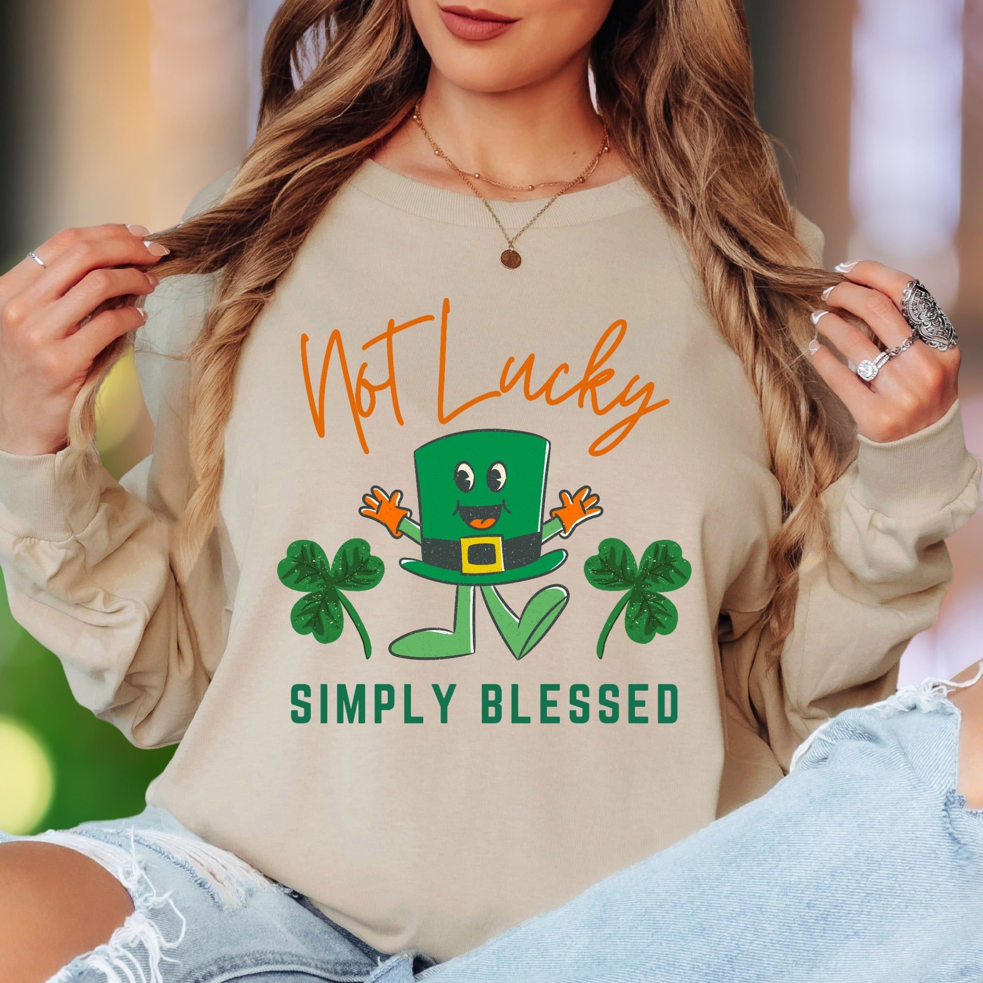 "Not Lucky Simply Blessed" | Funny St. Patrick's Day Unisex Adult Long Sleeve T-Shirt | Humorous Lifestyle